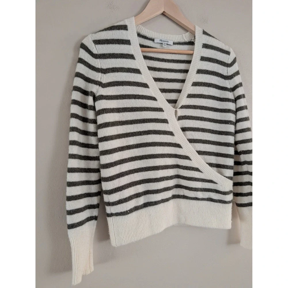 Madewell‎ Alpaca Striped Wrap Sweater XXS Cream Green Wool Blend V-Neck Preppy